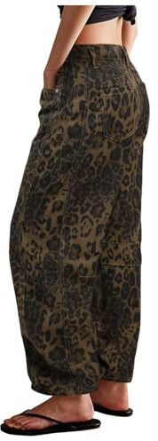 Pantaloni Tuta Donna Baggy Pantalone Eleganti Jeans A Forma Tubolare per Donne con Stampa Leopardo sul Tubo Centrale Denim Pantaloni Lunghi Stile Retro