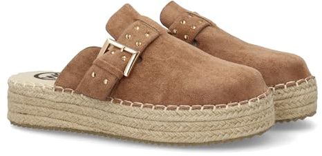 99040 Sandalias tipo zueco de plataforma para mujer, diseno cerrado en la parte delantera, decorado con tachuelas metalicas y hebilla ancha ajustable. Suela plana comoda ideal verano. Kaki Talla 37