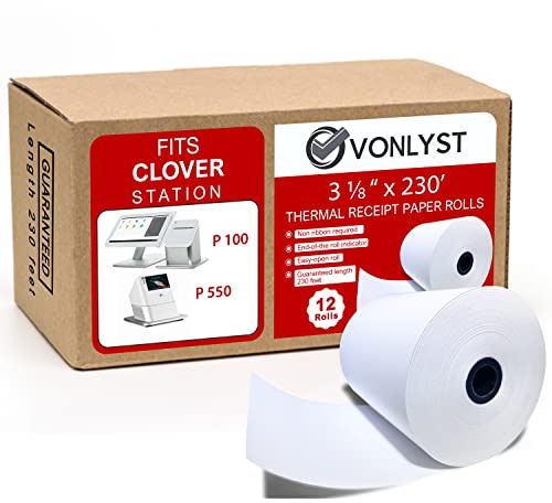 Vonlyst Clover Station Receipt Paper Rolls 3 1/8 x 230' (12 Pack) – Thermal Paper for Clover Station & Duo C505, Compatible P100 P500 P550 – BPA Free POS Printer Paper