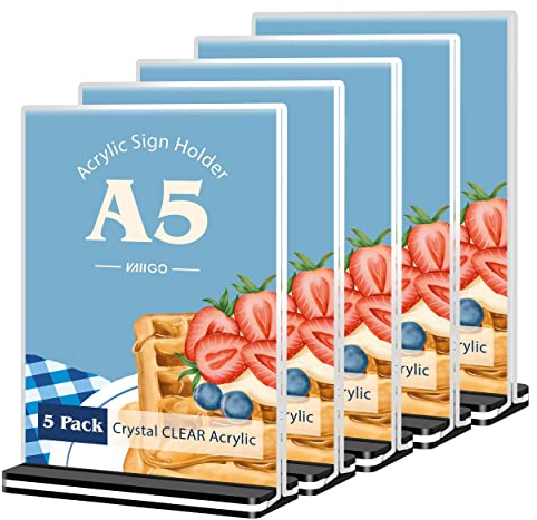 VAIIGO A5 Acrylic Sign Holder, Upright Poster Menu Holder T-Shaped Clear Sign Holder Double Sided Display Stand for Promotion, Leaflet, Exhibition, Picture, Document, Menu Wedding Etc (Black/5Pack)