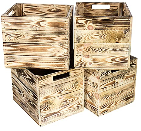 Obstkisten-online 4 Kisten für Kallax Regale Fachelement aus Holz für Regale - auch einzeln schöne Deko - 32x37,5x32,5cm (Geflammter Farbton)