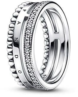 Pandora Signature Bague Logo Pavé et motif perles en argent sterling avec zircones cubiques transparentes, taille 60
