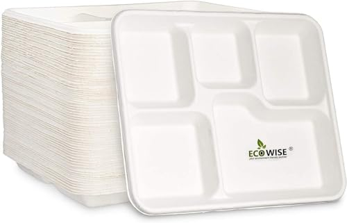 Best House EcoWise 100% Compostable and Biodegradable 5 Compartment Dinner Plates, 5CP Food Tray, Eco-Friendly Disposable Sugarcane Paper Trays (Pack of 50 PCS)
