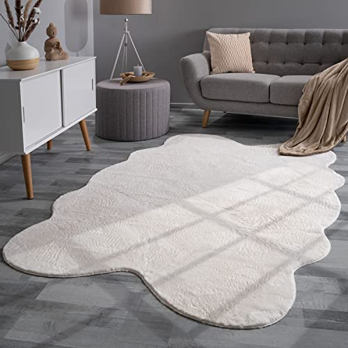 TT Home Wohnzimmer Teppich Unifarben Flauschig Modern Kunstfell Kurzflor, Farbe: Creme, Größe:140x200 cm Fell-Form