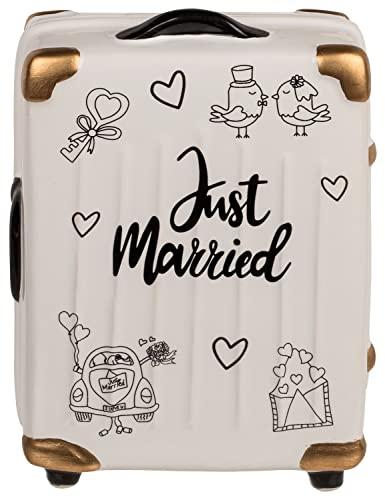 Salvadanaio per gli sposi, idea regalo per il matrimonio, salvadanaio a forma di trolley in ceramica Just Married