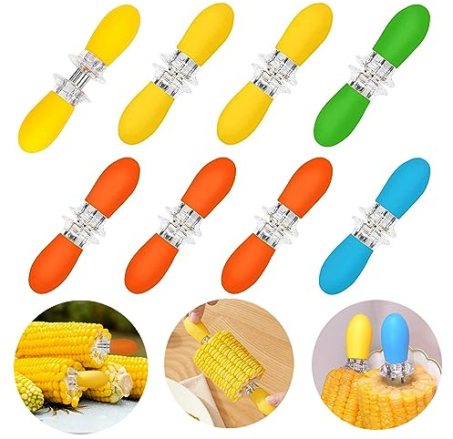 16 Stück/8 Paar Maiskolbenhalter, PEOUWNES Edelstahl-Maiskolbenhalter, ineinandergreifende Doppelgrill-Gabelspieße für Zuhause, Kochen, Partys, Camping (4 Farben)