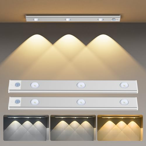 Mexllex 40CM Schrankbeleuchtung LED 2 Stück, Unterbauleuchte Küche LED 1100mAh 3 Colors Schrankleuchte mit Bewegungsmelder Led Leiste für Kleiderschrank, Treppe, Kofferraum
