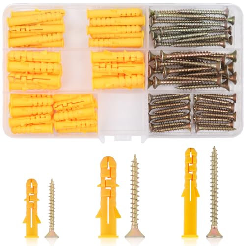 80 Pcs Screws and Wall Plugs Set (40x Masonry Screws, 40x Expansion Anchor Bolts), M6 M8 Mixed Sizes, Self Tapping Screw & Plastic Wall Anchors for Brick, Concrete, Drywall- for Hanging, TV Mounting