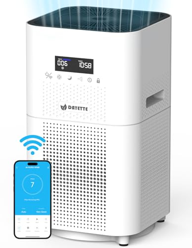 DAYETTE Smart-Luftreiniger für Wohnung Raucherzimmer, CADR 400m³/h für 160㎡ Große Räume, Air Purifier mit APP/Alexa-Steuerung, HEPA Luftfilter für Allergiker, Tierhaare, Rauchstaub, 22 dB Schlafmodus