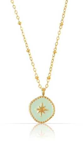 Made by Nami Edelstahl Kette Damen in Gold mit Türkiser Münze und Goldenem Stern Geschenk für Frauen oder beste Freundin 40 + 5 cm Länge