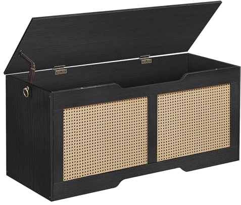 HOOBRO Storage Bench, 43.3 Toy Box, Rattan-Like Storage Chest, Sturdy Entryway Bench Supports 220 lb, Toy Chest, Safety Hinge, U-Shaped Opening, Easy Assembly, Black BB22CW01