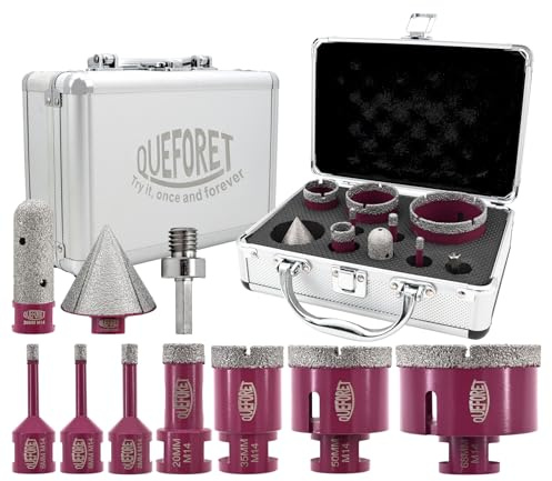 QUEFORET Brocas de Diamante 10 Piezas - 7 Piezas 6/6/8/20/35/50/68mm x M14 Corona, 20mm Fresa, 50mm Broca de Chaflán, Aadaptador para Porcelánico Azulejos Cerámica Mármol Granito