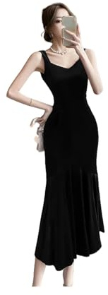 SVEETTOP Vestito Donna Abito da Sera Rossa Luxury Long Gonna in Velluto in Velluto in Velluto Vestito con Gonna al Fianco Sottile-Nero-s