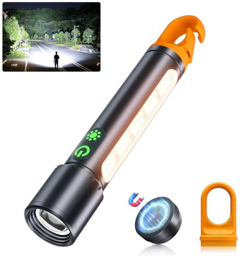 ADDplus Magnetic Flashlight Rechargeable,5000mAh Flashlights High Lumens with 9 Modes,Waterproof, Adjustable,Powerful Flash Light,Emergency Multi-Flashlights for Home,Car,Hiking,Camping (1, Black)