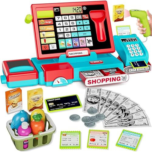 OBEST Spiellebensmittel Kinderküche Zubehör, Kaufmannsladen Zubehör mit Spielgeld Euro Scheine und Münzen, Rollenspielzeug für Jungen Mädchen