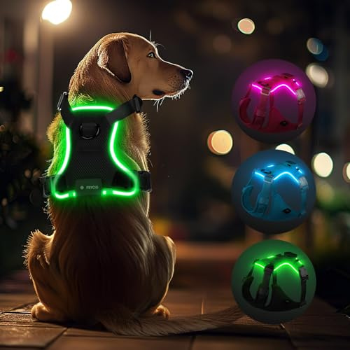Feycig Harnais lumineux pour chiens de grande taille - Harnais LED rechargeable réglable - Harnais de poitrine réfléchissant - 3 modes d'éclairage - Harnais haute visibilité (noir, L)
