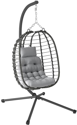 Outsunny Rattan Hanging Egg Chair, Foldable Wicker Hammock Swing Chair with Cushion, Stand, Adjustable Height, Head Pillow, Steel Frame for Garden Patio Indoor Outdoor, Light Grey