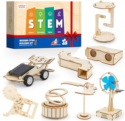8 in1 STEM Science Kit for Kids Age 8-14, Wooden Physics Experiments & Solar Engineering Kits, Build Solar Car, Anti-Gravity Device, Telescope, Periscope & Dinosaur Claw, Gifts for Boys Girls