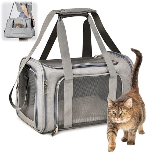 KBIBCK Cat Dog Carrier Bag, Soft Bag Cat Transport Carrier, Foldable CatPet Carrier Bag with Plush Mat & Shoulder Strap, Medium Pet Carriers for Travel,Car Seats,Veterinary Clinics,45x30x30 cm (Grey)