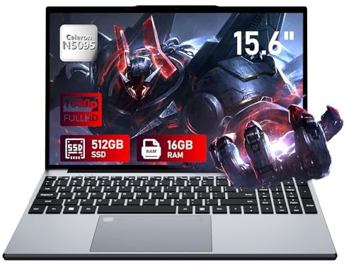 Ordinateur portable 15,6 pouces, 16 Go RAM SSD 512 Go processeur N5095 carte graphique UHD, PC Portable Full HD 1920 x 1080, avec WiFi 5/USB 3.0/pavé numérique/clavier rétroéclairé/Touch ID Laptop
