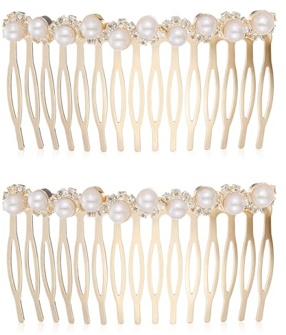 2 PCS Pearl Hair Comb for Women Decorative, Gold Pearl Hair Combs with Rhinestones, Decorative Hair Combs for Women Accessories Bridal Wedding Party Daily Decor
