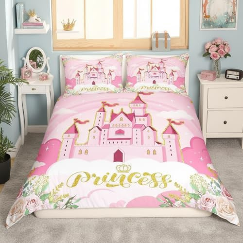 feelingyou Prinsessa barn täcke L storlek rosa slott drömmande blommor mjuk polyester täcke täcke sagotema sängkläder set (2 kuddbehållare)