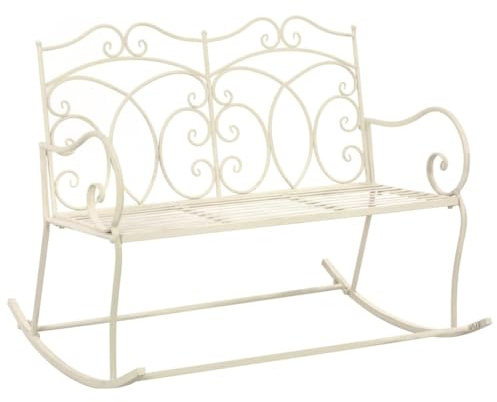 SKTQYQO Panchina da Giardino in Ferro Battuto Bianco Anticato 104 cm, Seduta a Dondolo Ampia per Porticato, Struttura Durevole e Decorativa per Esterni, Facile Assemblaggio, Design