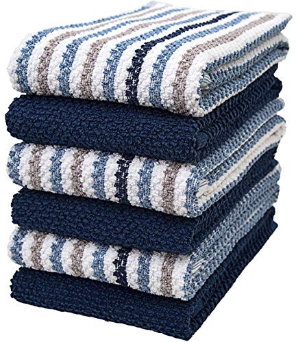 Premium Kitchen Towels (16”x 26”, 6 Pack) | Large Cotton Kitchen Hand Towels | Popcorn Striped Design | Dish Towels | 430 GSM Highly Absorbent Tea Towels Set with Hanging Loop | Blue