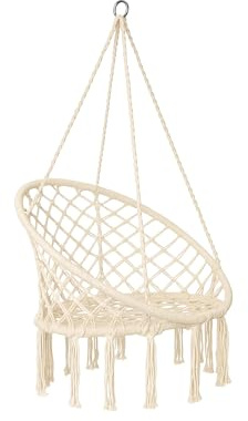 Beige Hammock Chair Macrame Swing,Hanging Cotton Rope Swing Chair, Comfortable Sturdy Hanging Chairs for Indoor, Outdoor, Home, Patio, Yard, Garden,Max Weight: 120KG