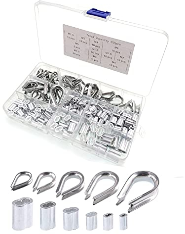 JZK 250 Stück M1.5 M2 M3 M4 M5 Drahtseilkausche Combo und 1.2 mm 1.5 mm 2 mm 2.5 mm 3 mm 4 mm Crimpschleifenhülsen Sortimentskit für die Montage von Drahtseilkauschen