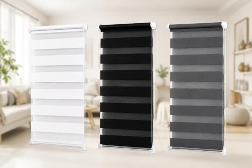Funky Gadgets Day & Night Zebra Roller Blind, White, 49W x 165Hcm | Dual Layer Fabric Zebra Blinds for Windows, Day & Night Roller Blinds with Light Filtering and Adjustable Privacy Control