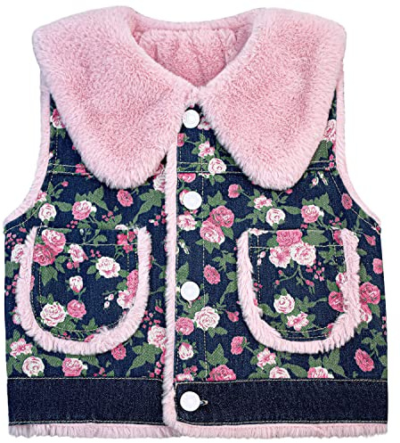 Peacolate Chaleco de mezclilla floral con estampado de terciopelo grueso para niña de 2 a 7 años, Flower-1, 4-5 Años