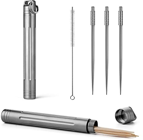 TISUR Titanium Portable Toothpick Holder Pocket with 3 Titanium Metal Toothpicks Reusable Toothpick for Outdoor Camping - Grey