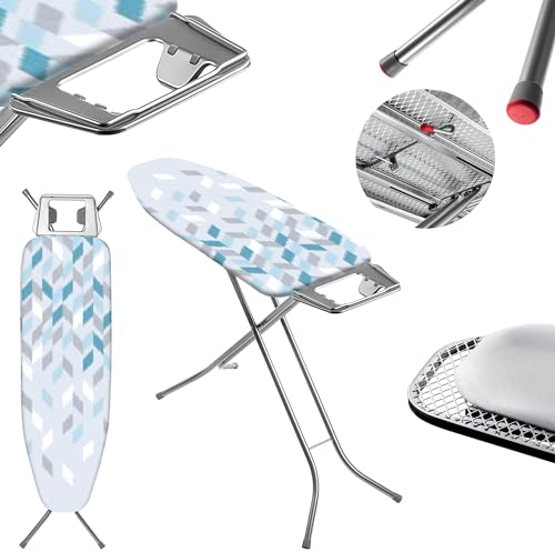 KADAX Klappbares Bügelbrett, 120x38cm Dampfbügelbrett mit Metallnetz, Bügeltisch mit rutschfesten Füßen, Höhenverstellbares Bügelbrett mit Bügeleisenablage (Weiß/Blau)