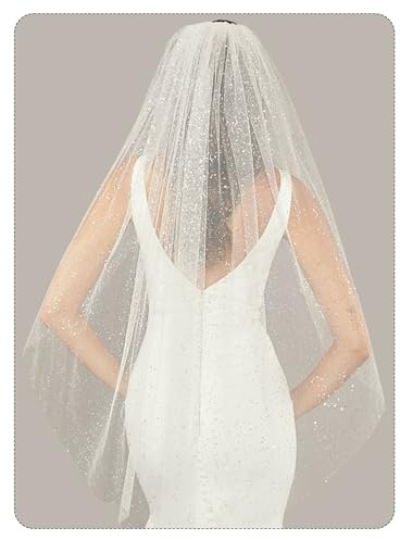 YAEISM Bride Wedding Veil White Glitter Cathedral Veil Sparkly Bachelorette Fingertip Bridal Long Star Light Tulle with Metal Comb for Brides and Women
