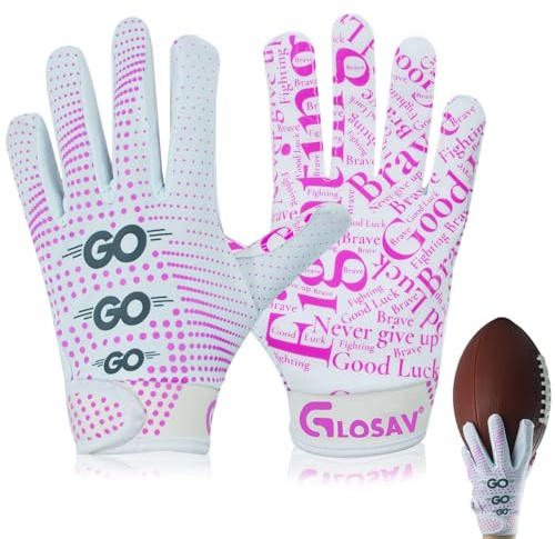 GLOSAV Football Gloves for Kids, Youth, and Adults - Super Sticky Silicone Receiver Gloves for Men and Women (Pink, Medium- Youth)