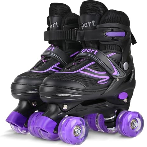 LOKJIJI Kids Roller Skates for Girls Boys Children Beginners, Adjustable 4 Sizes Quad Roller Skates for Kids and Youth with Light Up Wheels for Sports, Black & Purple (Large - UK 4-7)