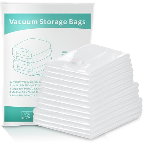 Bolsas de Vacío para Ropa, 12 Piezas 3*40x60cm 3*50x70cm 3*60x80cm 3*80x100cm Bolsa de Ropa al Vacío que Ahorra Espacio para, Guardar Ropa Ropa de Cama, Edredones, Almohadas, Mantas, Sábanas, Cortinas