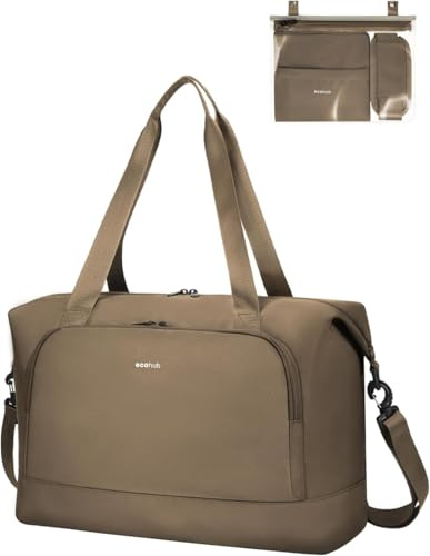 ECOHUB Bolsa de Viaje Plegable, Equipaje de Mano Ligera y Resistente al Agua para el Fin de Semana, Bolsa Viaje con Reciclada Bolsillo Húmedo Extraíble para Mujer y Hombre, 30L-Marrón