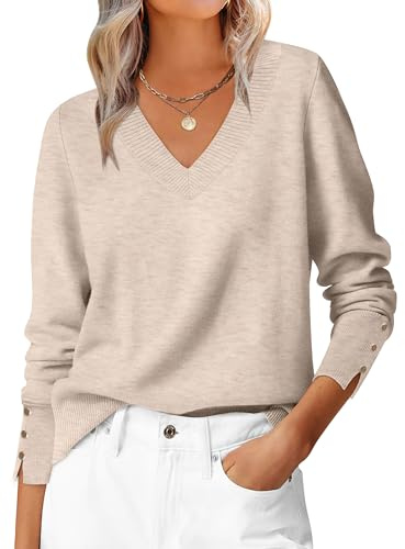 ANRABESS Lightweight Sweaters for Women Long Sleeve V Neck Shirts Business Casual Work Blouses 2025 Fall Knit Pullover Tops Almond Medium