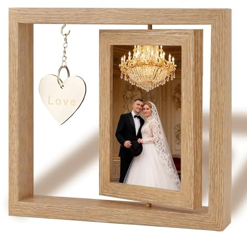 Rotating Floating Photo Frames, Wedding Picture Frames 4x6inch, Wooden Picture Frame, Double Engagement Photo Frame DIY Heart Pendant Bride Gifts for Couple
