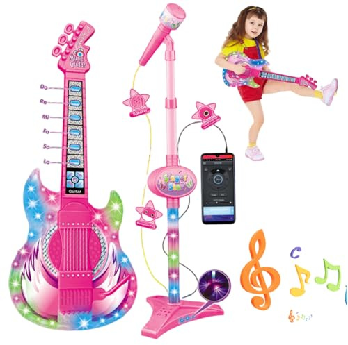 Guitar and Microphone for Kids, Toy Guitar with Music & Light, Adjustable Height 2 in 1 Kids Microphone with Stand, Learning Toy Instruments Electric Learning Toys