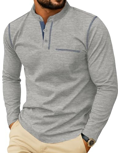 PrinStory Henley skjorta för män bomull långärmad t-shirt rund hals klassisk t-shirt knapp topp med framficka