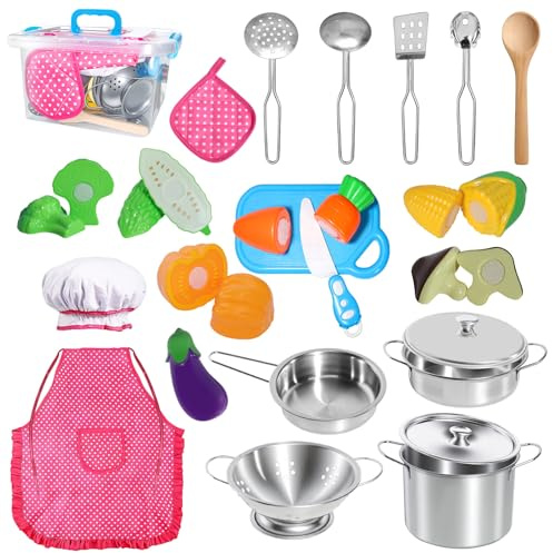 Cucina Giocattolo per Bambini in Legno, 23 Pezzi Accessori Cucina con Pentole Acciaio Inox & Frutta da Tagliare | Set Cibo Giocattolo, Giochi di Ruolo Educativo Regalo per Bambina Bambino 3 4 5 Anni