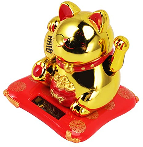 Solar Powered Lucky Waving Cat, Chinese Wealth Lucky Cat Waving Arm Solar Fortune Cat Statue, Beckoning Waving Arm Fortune Lucky Cat for Decorating Front Desk Car Business Openings (Blessing Bag Gold)