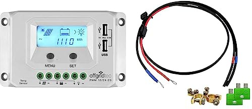 Offgridtec® PWM Pro Laderegler 12V/24V 20A USB & Batteriekabel mit Flachsicherungshalter, 30 A Sicherung und Batteriepolklemmen, 1,5 m, 8-01-001420