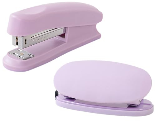 Mecmbj Locher Tacker Set, Tacker Büro, 2 Stück Bürohefter Ohne Heftklammern, Kapazität 20 Blatt, Tragbares Kleines Heftgerät und Locher Set für Büros, Klassenzimmer, Arbeitszimmer (violett)