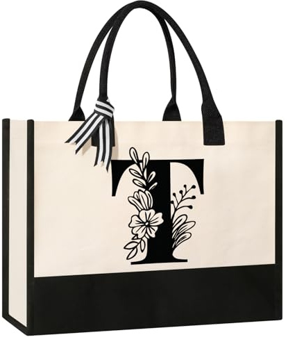 Tecanne Personalized Initial Canvas Tote Bag, Cosmetic Bags, Suitable for Birthday, Wedding, Beach, Holiday, Great Birthday Gifts for Women, Mom, Teachers, Nurses, Best Friends, Bridesmaids (T)
