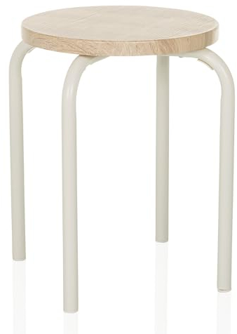 hjh LIVING Hocker mit Metallbeinen und Holz Sitzfläche ALRANDA Stapelbarer Sitzhocker im Skandi-Look rund, Robustes Stahlgestell, Weiß/Eiche