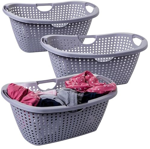 2friends Wäschekorb Modell Vent, 3er Set, großer Wäschekorb mit Griffen, robuster Kunststoff, Farbe: Hellgrau, ideal für Wäsche und Aufbewahrung, Made in EU